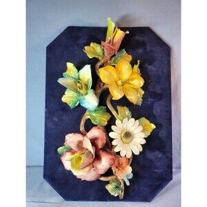 Capodimonte 3D Floral Porcelain Plaque on Cobalt Velvet Wall Decor Vintage Italy